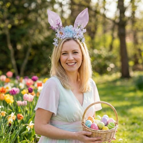 Women Easter Bunny Ears Headband Flowers Crown Rabbit Ears Party Headwear - color: purple