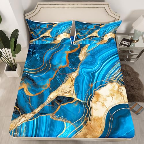 Erosebridal Blue Marble Bed Sheets Set Queen, Gold Crack Sheet Set for Kids Boys, Abstract Metallic Texture Sheets, Luxury Shinny Bedroom Decor Boho Hippie Fluid Deep Pocket Top Sheet - color: Multi 03, size: Queen