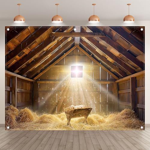 8x6ft Fabric Christmas Manger Scene Backdrop Birth of Jesus Nativity Holy Family Photography Background Barn Stable Christian Party Decor Photo Props - size: 8'x6'