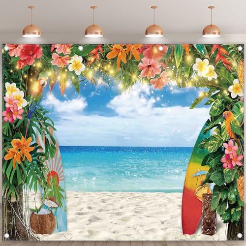 10x8ft Fabric Summer Hawaiian Beach Photography Backdrop Tropical Flower Palm Leaves Surfboard Background Aloha Luau Decorations Photo Banner - size: 10'x8'