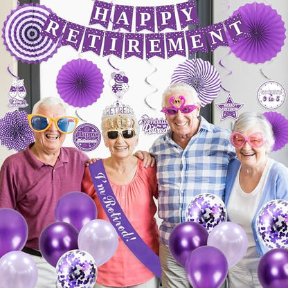 Holkcog Purple Retirement Party Decorations for Women, Silver Purple Happy Retired Banner Backdrop Paper fan Hanging Swirls for Coworker, I'm Retired Sash & Tiara Set, Great for Retiring Women Supply - style: Purple