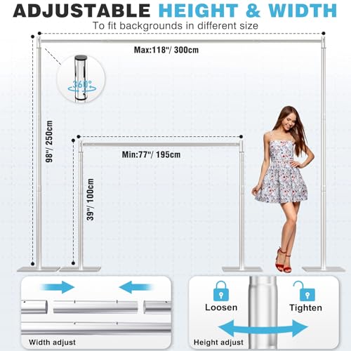 Pipe and Drape Backdrop Stand, 8x10ft Heavy Duty Backdrop Stand with Metal Base, Adjustable Height & Width, Silver Background Holder for Wedding Photography Birthday Party Baby Shower Decor - color: Silver, size: 8*10FT