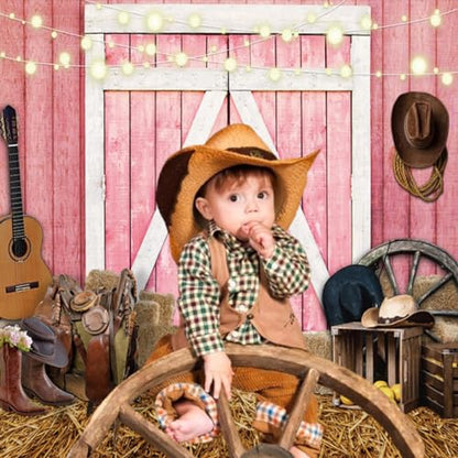 Western Backdrop Rustic Pink Wooden House Barn Door Background Hay Wild West Photography Banner for Birthday Rodeo Cowboy Themed Party Decorations Photo Photobooth Props 15x10ft - size: 15x10 ft