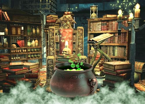 Halloween Photography Backdrop Witch Magic Cauldron Bookshelf in Spooky Room Party Decoration Portrait Background Vinyl Photo Studio Booth Props PGT646A 7x5ft - size: 7'X5'