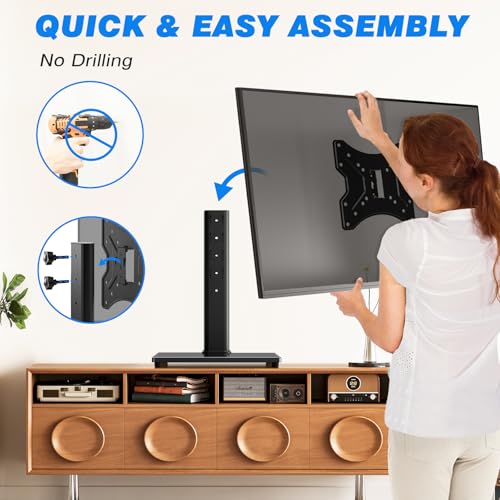 Rfiver Universal Swivel Tabletop TV Stand for Flat Screens 23 24 26 32 39 40 42 43 Inch, Heavy Duty Center Pedestal Stand Replacement with Black Tempered Glass Base and Height Adjustable Mount - size: 19-43 inch