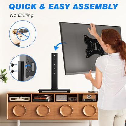 Rfiver Universal Swivel Tabletop TV Stand for Flat Screens 23 24 26 32 39 40 42 43 Inch, Heavy Duty Center Pedestal Stand Replacement with Black Tempered Glass Base and Height Adjustable Mount - size: 19-43 inch