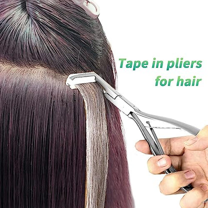 Hair Extensions Tools Kit, Professional Tape in Hair Sealing Pliers Flat Surface Hair Extension Plier Tools with Double Sided Replacement Adhesive Tape Tabs -Silvery