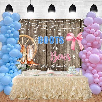 Sensfun Boots or Bows Gender Reveal Backdrop Boy or Girl Baby Shower Party Decorations Rustic Wooden Cowboy Boots Pink Bow Photography Background Western Gender Reveal Banner Photo Booth Props 7x5ft - size: 7x5ft