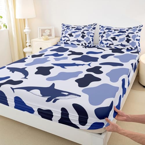 Manfei Sea Animal Camo Fitted Sheet Full Size,Sharks and Whales Camouflage Bedding Set 3pcs,Blue Ocean Camo Bed Sheets with 2 Pillowcases,Kids Boys Girls Room Decor,Soft Deep Pocket Bedding(No Flat) - color: Blue, size: Full (54*75*16")