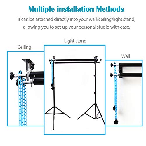 Photography Backdrop Double Roller Wall Mounting Manual Background Support System for Using Light Stand, Including Two Double Hooks, Four Expand Bars, Two Chain, Eight Screws