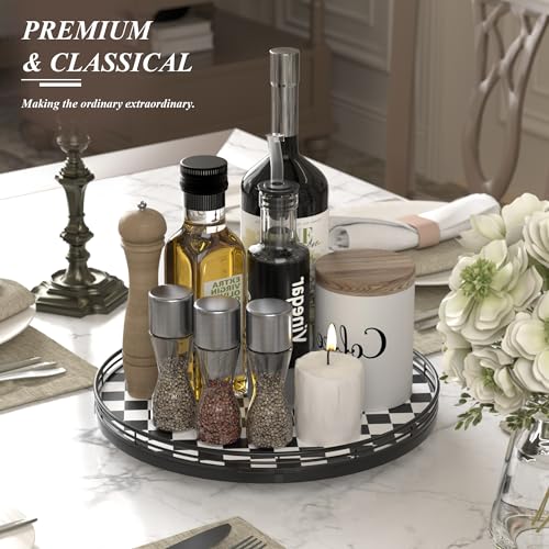 Black and White Kitchen Lazy Susan Turntable – Checkered Round Decorative Tray, 13” Table Top Oak Wood Lazy Susan for Cookies, Dining Table Organizer, Small Kitchen Table Centerpiece - color: Black & White, size: 13 inches