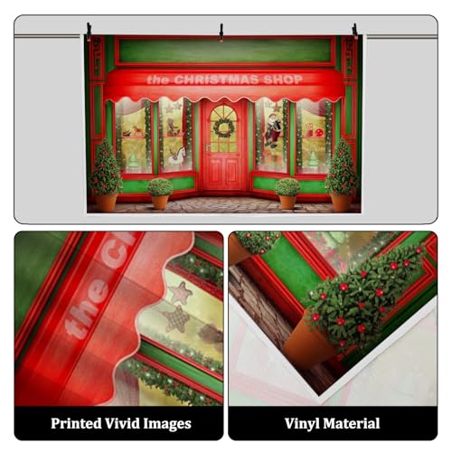AOFOTO 12x8ft Red Christmas Shop Backdrop Front Door of Xmas Display Window Santa's Toy Store Photography Background Holiday New Year Party Banner Kids Baby Child Adult Portrait Photo Studio Props - size: 12x8ft