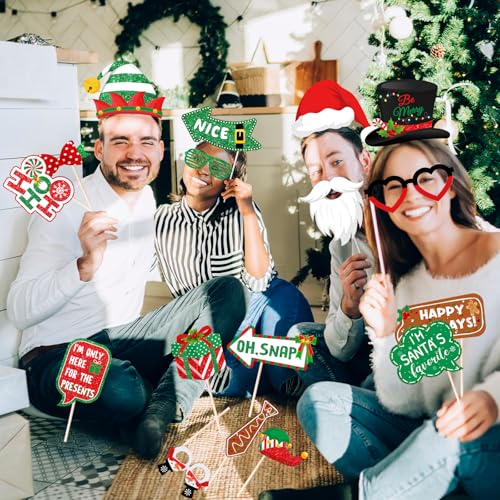 40Pcs Christmas Photo Booth Props, Christmas Party Favors, Fun Santa Gingerbread Snowman Holiday Prop for Photoshoot, Xmas Backdrop Accessories for Holiday Winter Party Supplies