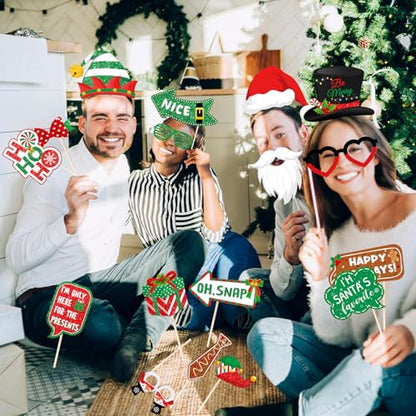 40Pcs Christmas Photo Booth Props, Christmas Party Favors, Fun Santa Gingerbread Snowman Holiday Prop for Photoshoot, Xmas Backdrop Accessories for Holiday Winter Party Supplies
