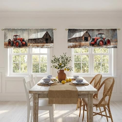 Tractor Barn Curtain, Two-Pack, Red Winter Farm Snow Rustic,Applicable to Bathroom, Bedroom, 54x18 inches. - color: Tractor Barn