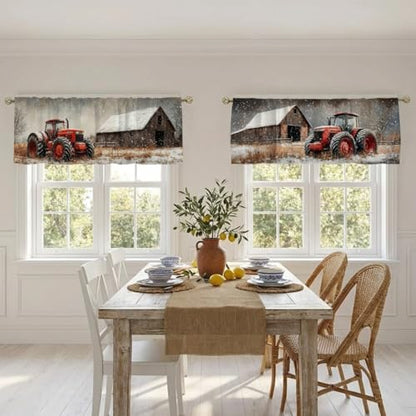Tractor Barn Curtain, Two-Pack, Red Winter Farm Snow Rustic,Applicable to Bathroom, Bedroom, 54x18 inches. - color: Tractor Barn