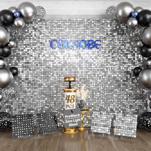 COKAOBE Silver Shimmer Wall Backdrop 48PCS, Black Back Not See-Through Design, Square Sequin Glitter Backdrop Panel, Perfect for Outdoor Events, Birthdays, Wedding and Party Decoration - color: silver, size: 48PCS