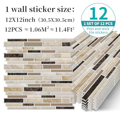VICCI 12-Sheets Peel and Stick Tile Backsplash 12" x 12" 3D Vinyl Self-Adhesive Wall Stickers Tiles Decals for Kitchen Backsplash Bathroom Laundry Room (Beige & Yellow & Brown) Textured Style - color: Spt-004, size: 12 x 12 inch (3D Textured style)