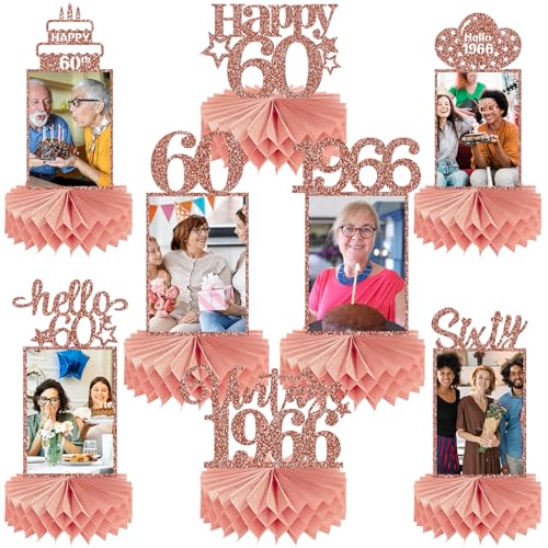 Guiruiy 8Pcs 60th Birthday Decorations Honeycomb Centerpieces for Women, Pink Rose Gold Glitter Vintage 1966 60 Birthday Photo Table Centerpieces Party Supplies, Pink Sixty Bday Photo Table Topper - style: Rose Gold 60th