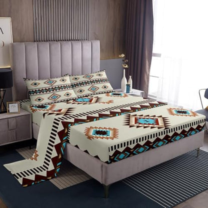 Feelyou Wild West Sheet Set Twin Size Kids Western Ethnic Tribal Bed Sheets Set for Boys Girls Teens Boho Exotic Sheets with Deep Pocket Fitted Sheet Bohemian Bedding Set Blue Bed Set - color: Blue Brown Beige, size: Twin