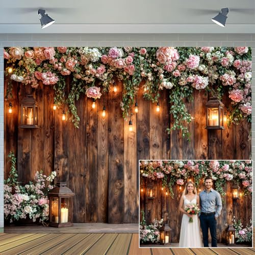 10X8ft Rustic Wooden Floral Wedding Backdrop Pink Roses Farmhouse Photography Background Vintage Style Decor for Bridal Shower Birthday Party Photo Studio Props Wall Decor Banner - color: Multi2, size: 10X8FT