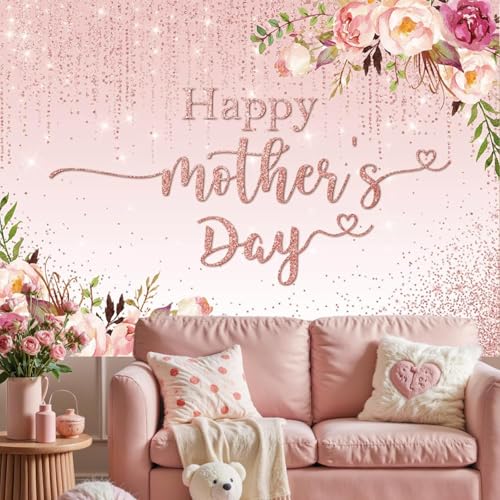 Mocsicka Happy Mother's Day Backdrop Floral Golden Dots Mothers Day Birthday Photography Background for Women Thanks Mother's Day Decorations Photo Booth Props (10x7ft New) - size: 10x7ft-2