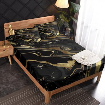 Black Gold Marble Sheets Queen Size, Kids Boys Girls Bed Sheet Set, Golden Lines Marble Texture Bedding Sheet Sets 4 Piece, Soft Microfiber Deep Pocket Fitted Sheet & Flat Sheet & 2 Pillowcases - color: Black Gold, size: Queen