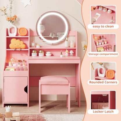 Vabches Kids Vanity with Lights, Princess Makeup Vanity Desk with Open Bookshelf, Storage Cabinet & Shelves, Toddler Vanity Table and Chair Set, Pretend Play Vanity Set for Little Girls, Pink - style: Pink