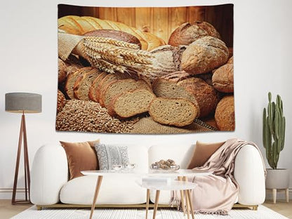5x3ft Bread Backdrop Breads Sliced Loaves Wheat Ears Grains Rustic Wooden Wall Background for Baking Theme Party Bakery Display Food Photography Decor Photo Studio Booth Props Wallpapers - size: 5x3FT