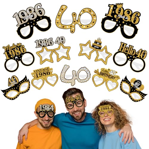 Turypaty 24Pcs 1986 40th Birthday Paper Glasses Decorations for Men Women - Black Gold Happy 40th Birthday Paper Eyeglasses Photo Props, Vintage 1986 Forty Years Old Birthday Party Supplies - style: Black Gold 40th