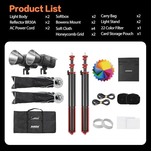 GODOX Light Kit, LE200Bi Continuous Output Lighting, Godox Lighting Kit with Quick Release Softbox, 280cm/ 9.18 FT Stand, 2800K-6500K, CRI 98+, Bluetooth/DMX Control for Studio, Filmmaking - size: Black-2Pcs Kit