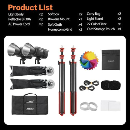GODOX Light Kit, LE200Bi Continuous Output Lighting, Godox Lighting Kit with Quick Release Softbox, 280cm/ 9.18 FT Stand, 2800K-6500K, CRI 98+, Bluetooth/DMX Control for Studio, Filmmaking - size: Black-2Pcs Kit