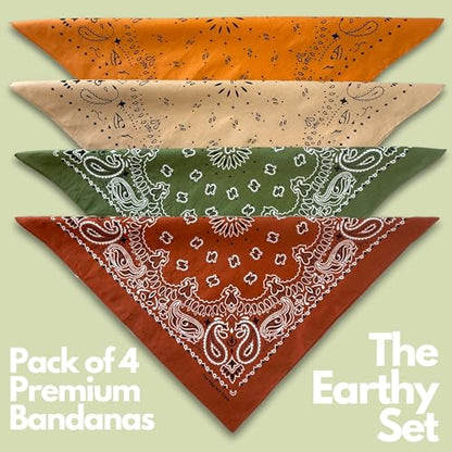 The Peacock Crew Premium Soft Cotton Bandanas Pack for Men and Women Paisley 22 x 22 inches - color: Pack of 4 Earthy Essentials