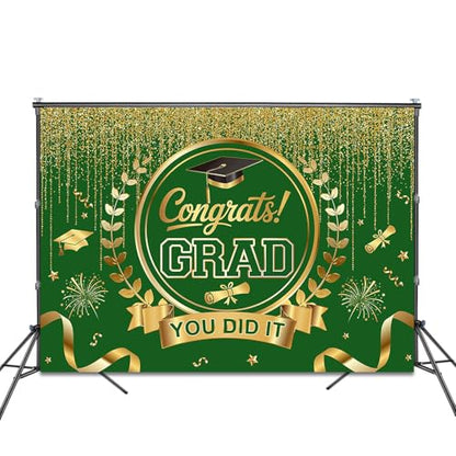 Graduation Backdrop Congrats Grad You Did It Party Decorations Background Congratulations Graduate Class of 2026 Banner Photo Booth Props (Green and Gold, 7x5ft) - color: Green and Gold