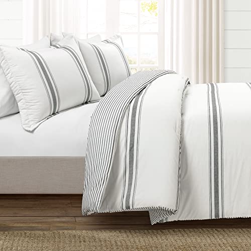 Lush Decor Farmhouse Stripe Reversible Cotton Comforter Set, 3 Piece Set, Full/ Queen, Dark Gray - Cozy Farmhouse Bedding Set - Rustic Decor - Striped Comforter - Modern Farmhouse Bedroom Decor - color: Dark Gray, size: Full/Queen