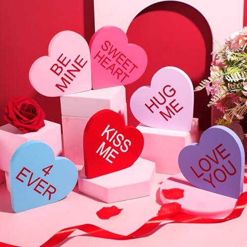 6 Pieces Valentine's Day Wooden Signs Colorful Heart Shaped Wood Tabletop Decor Valentine Tiered Tray Decor Love You Be Mine Kiss Me Table Centerpieces for Valentine (Bright Style,4.7 x 4.7 x 0.5 In) - color: Bright Style, size: 4.7 x 4.7 x 0.5 In