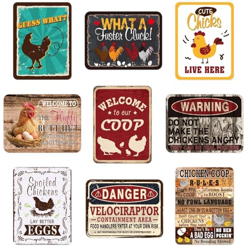 WERNNSAl Chicken Party Decorations - 9PCS Chicken Birthday Party Supplies for Kids Adults Funny Farm Chicken Coop Sign Gift Posters for Door Yard Garden Wall Decor - style: Retro