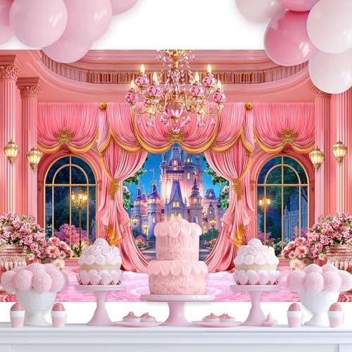 Newsely Princess Castle Garden Backdrop 7Wx5H Photography Pink Cute Palace Floral Night Plants Crystal Curtain Lamp Sky Background Girly Party Party Decorations Banner Photo Booth Props Supplies - color: B-Castle, size: 7Wx5H