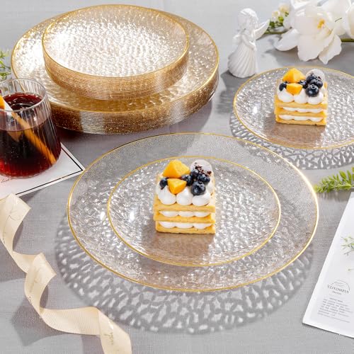 Rubtlamp 60Pcs Clear Gold Plastic Plates, Gold Glitter Disposable Plates, Hammered Plastic Plates Included 30 Dinner Plate And 30 Dessert Plates for Party - color: Gold Glitter