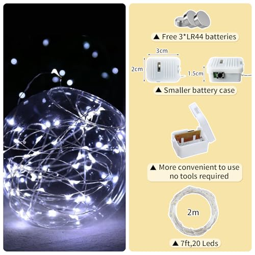 8 Pack White Fairy Lights Battery Operated, 7ft 20 LED Mini String Twinkle Lights for Christmas Halloween Mason Jars Party Centerpiece Table Decorations (8, White) - color: White