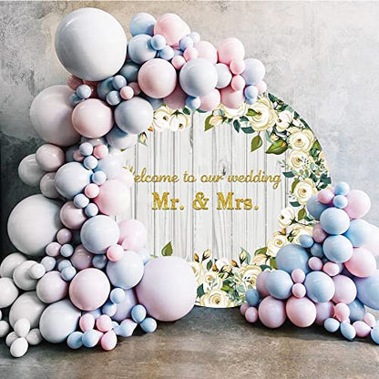 Yeele 7x7ft Mr & Mrs Wedding Round Backdrop Wooden Texture White Rose Floral Photography Background Bride and Groom Engaged Ceremony Anniversary Bridal Shower Party Supplies Photo Booth Props - size: 7x7ft-Diameter