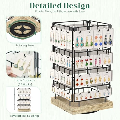 EsLuker.ly Rotating Earring Display Holder Stand for Vendors Events Selling, Large Capacity 64 Hooks Jewelry Rack with Wooden Base for Earring Card Sales, Enhances Retail Display Visibility - color: Oak+Black