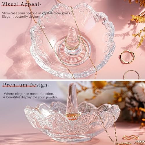 H&D HYALINE & DORA Clear Crystal Ring Holder with Butterfly Pattern, Engagement Glass Ring Dish Jewelry Holder for Rings Earrings Necklace Organizer - color: Clear，Butterfly