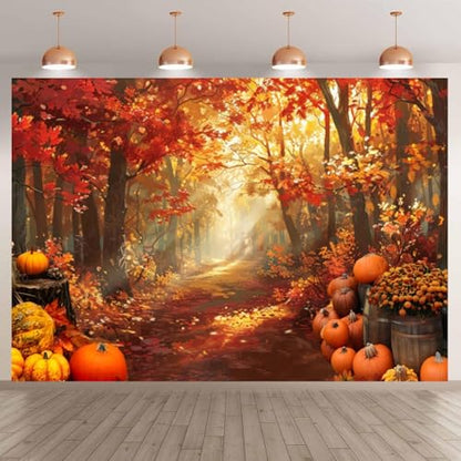deFouliao Fall Backdrop for Photography Autumn Harvest Thanksgiving Maple Leaves Pumpkins Flowers Background Banner Thanksgiving Party Supplies Photo Booth Props, 8x6ft - color: Gold and Red, size: 8x6ft