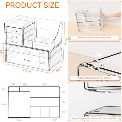 Yieach 2 Pack Clear Makeup Organizer Countertop for Dresser,Vanity and Bathroom Counter Organizer,Tiered Stackable Makeup Acrylic Organizers with 5 Drawer for Skincare,Brush and Make up Holders - style: 5 Drwers