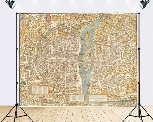 Trykid 8x8ft Vintage Paris City Map Backdrop Antique Old Retro Historical Photography Background Educational Display Study Party Decoration Tapestry Photo Booth Prop Fabric - size: 8x8ft