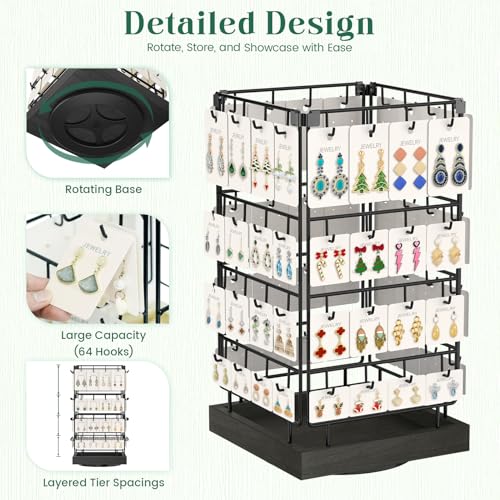 EsLuker.ly Rotating Earring Display Holder Stand for Vendors Events Selling, Large Capacity 64 Hooks Jewelry Rack with Wooden Base for Earring Card Sales, Enhances Retail Visibility - color: Black+Black