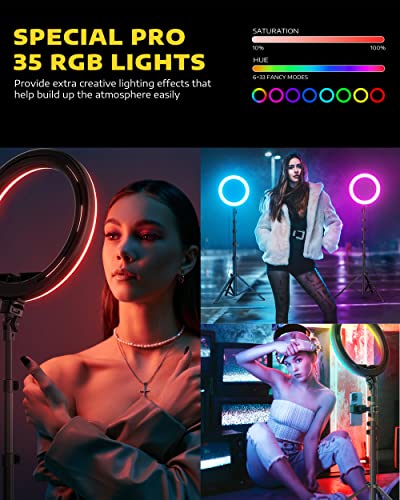 Kaiess 10.2" Selfie Ring Light with 65" Adjustable Tripod Stand & Phone Holder for Live Stream/Makeup, Upgraded Dimmable LED Ringlight for Tiktok/YouTube/Zoom Meeting/Photography (RGB) - color: rgb