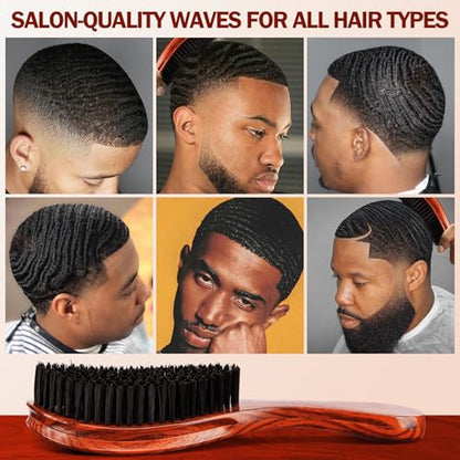 Handle Brushes for 360 Waves - Hard Wave Hair Brushes Wave Styler Great for Wolfing Wave Styler Brush Great for Black Hair - Boar & Nylon Bristle Curve Wave Brush for Barbers & Daily Use (Red)