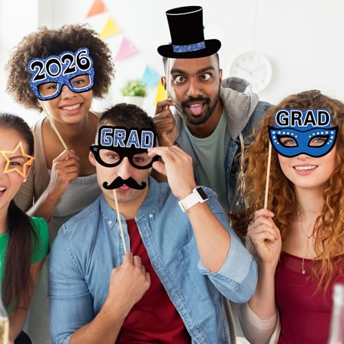 Blulu 24 Pieces 2026 Graduation Party Photo Booth Props Kit, Funny Graduation Party Selfie Props, Selfie Photo Frame for High School and College Grad Favors Supplies(Blue) - color: Blue